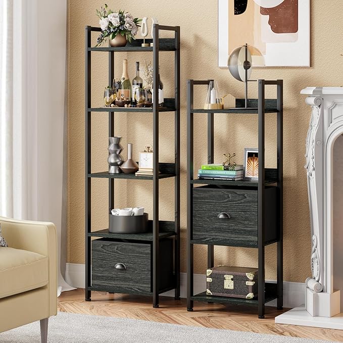 Furologee 4 Tier Bookshelf with Drawer, Small Narrow Bookcase, Wood and Metal Standing Shelf Unit, Industrial Display Storage Shelves Organizer for Bedroom, Living Room, Entryway, Black