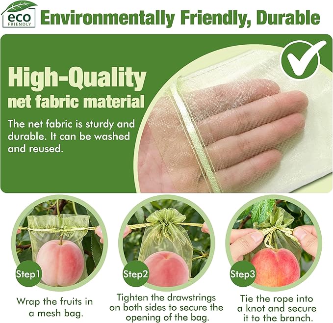 100 Pcs Drawstring Fruit Protection Bags, 6×9 Inch Green Mesh Fruit Net Covers, Anti-Bird Anti-Insect Garden Protective Bags for Fruit Tree, Tomato, Strawberry, Apple, Cherry, Grapes and Vegetables