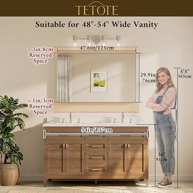TETOTE 48 x 30 Inch Bathroom Mirror, Matte Black Modern Metal Frame Rectangle