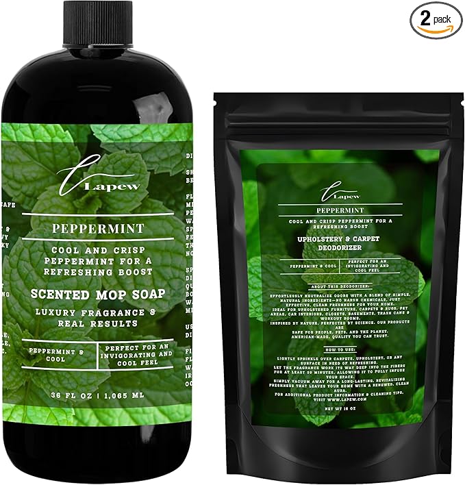 Lapew Peppermint Scented Cleaning Bundle | Carpet Deodorizer Powder (16 oz) & Mop Soap Concentrate (36 oz) | Pet-Friendly Odor Eliminator