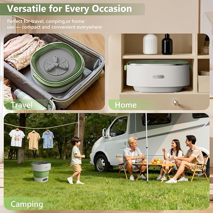 Mini Laundry Machine 16L — Foldable Portable Laundry Machine and Spinner for Baby Clothes, Underwear, Socks; Ideal for Travel, Dorms, Camping - Green