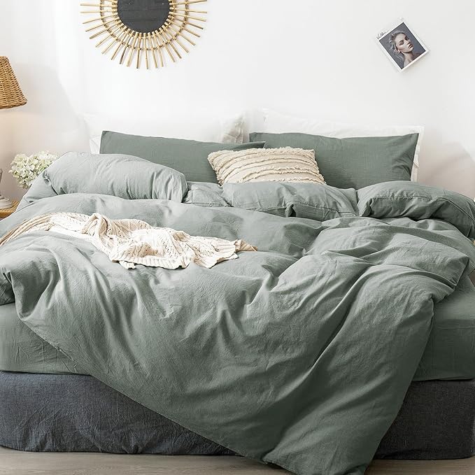 MooMee Bedding Duvet Cover Set 100% Washed Cotton Linen Like Textured Breathable Durable Soft Comfy (Heathered Green, Queen 90"x90")