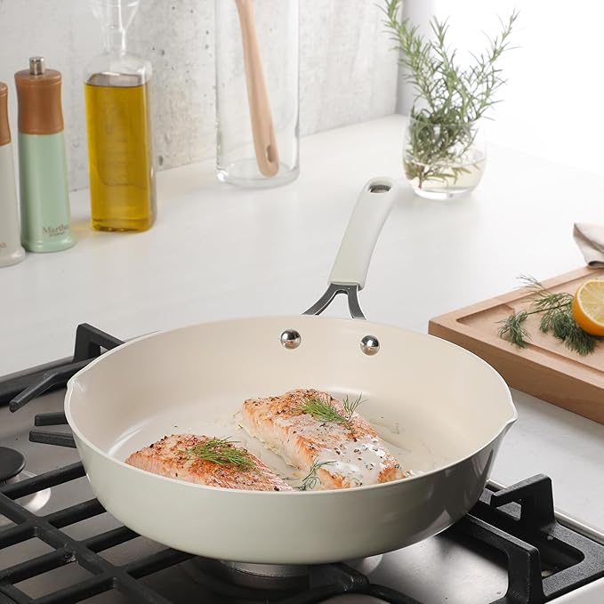Martha Stewart Heathland 11 Inch Aluminum Fry Pan with Premium Ceramic Non-Stick Coating - Kitchen & Omelet Pan, Linen White, Induction Safe