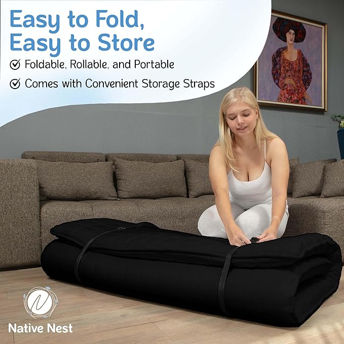Japanese Futon Floor Mattress - Medium Firm Futon Mattress for Sleeping - Shikibuton - Foldable and Portable Japanese Bed (Black, Queen)