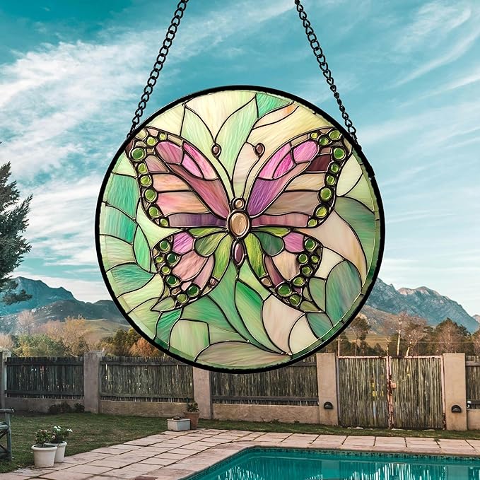Stained Glass Window Hanging 4 Pcs Set Pink Green Insect Theme Large 11.8" - Butterfly Suncatcher Door Garden Sun Catcher Decor Birthday Christmas for Mom Woman Nana Men