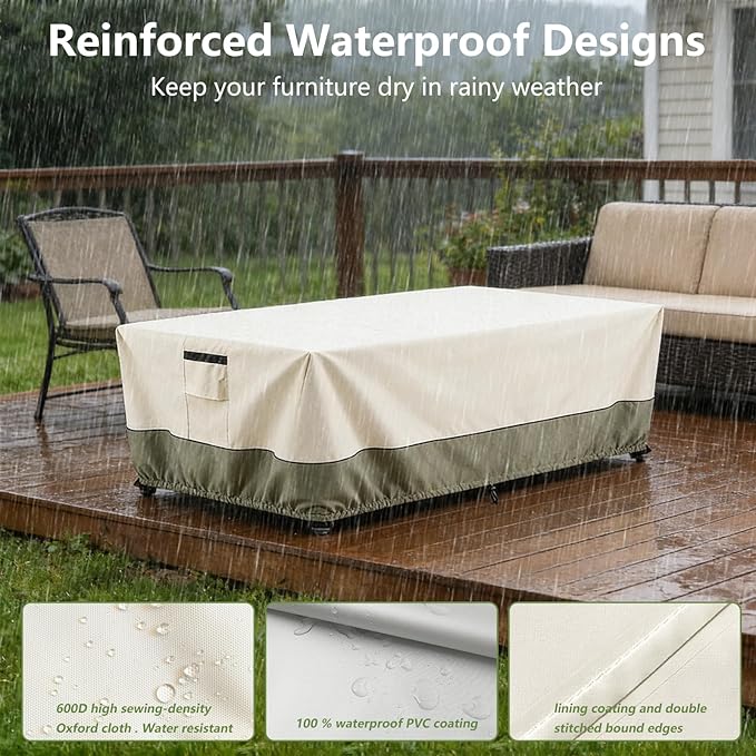 60 Inch Rectangular/Oval Patio Table Cover,Heavy Duty Waterproof Outdoor Dining Table Cover, Patio Furniture Covers, Beige