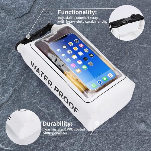 IP68 Waterproof Dry Bag - 2L Roll Top Pool Bag with Phone Pouch for Kayaking & Boating (White)