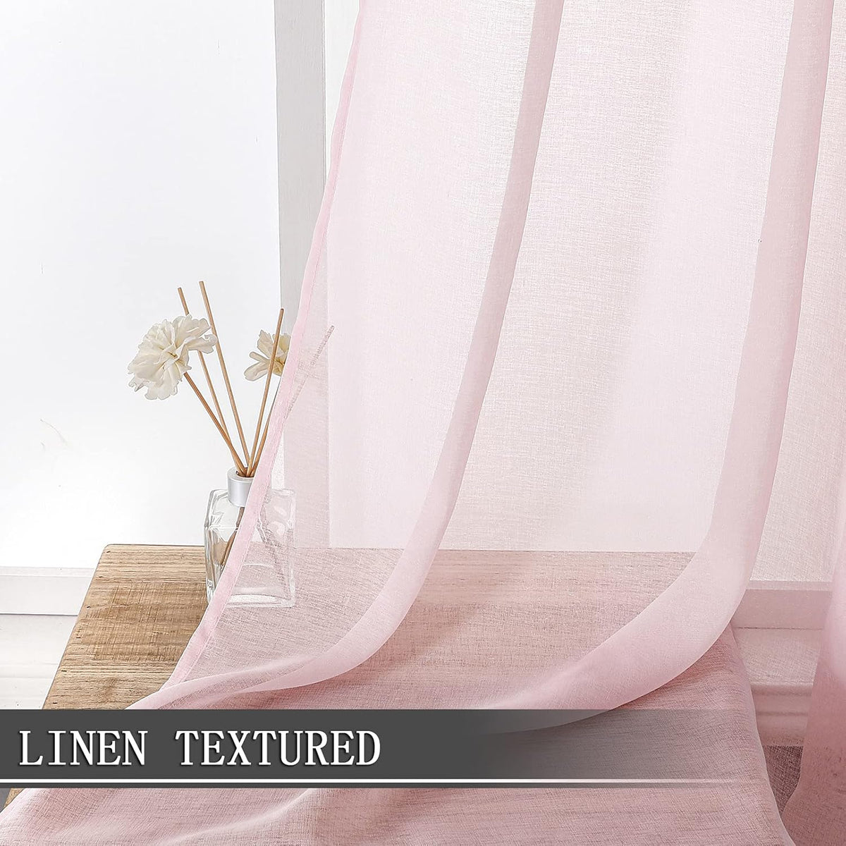 Tollpiz Sheer Curtain Linen Textured Bedroom Curtains Sheer Light Filtering Rod Pocket Voile Curtain for Living Room, 54 x 95 inches Long, Pink, Set of 2 Panels