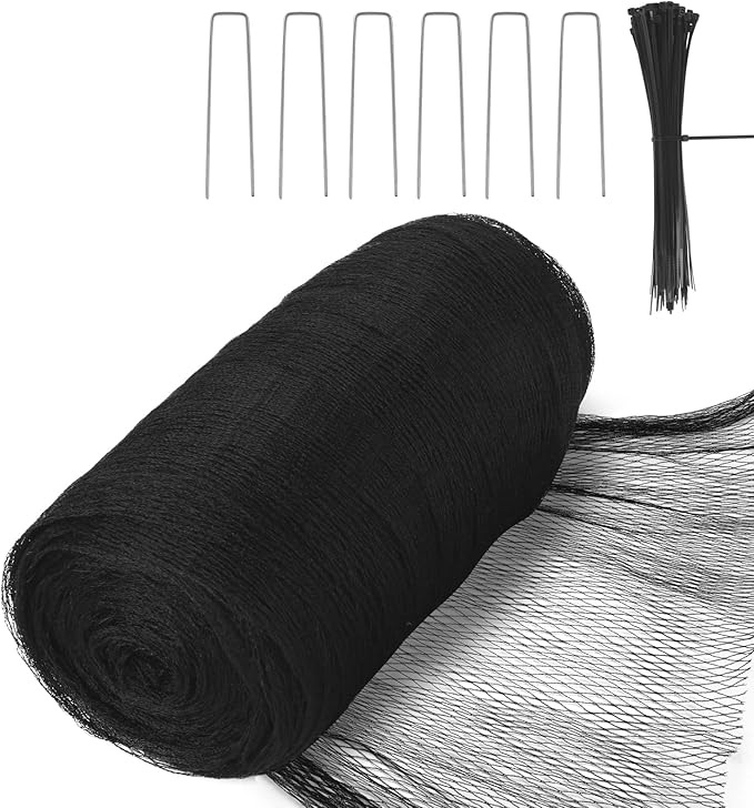 Bird Netting for Garden, 49 x 49FT Heavy Duty Anti Bird Netting Mesh with Ties and Landscape Staples for Vegetable, Fruit Trees & Other Plants, Lasting Against Birds Squirrels and Poultry, Black