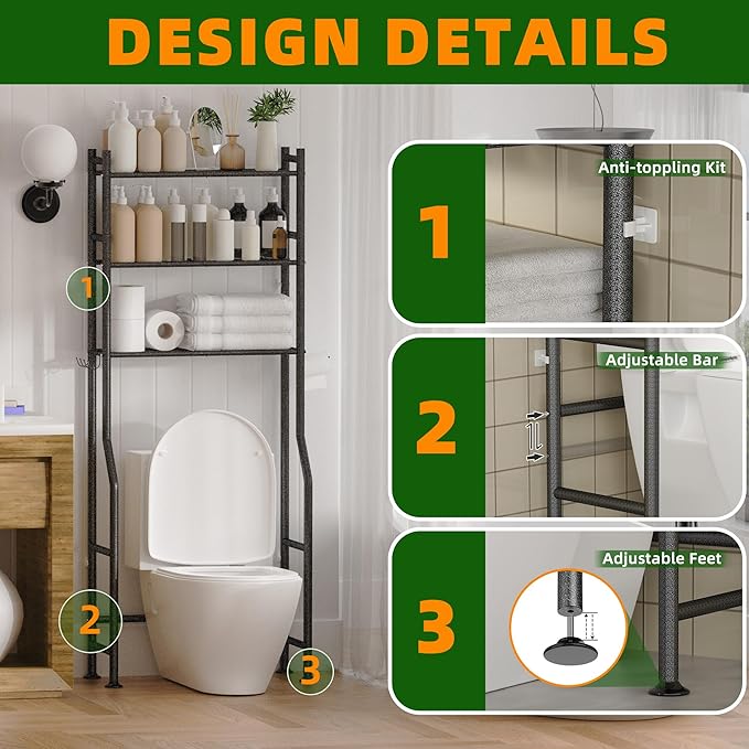 3-Tier Over Toilet Storage with Anti-Tilt Safety System - 150lb Total Capacity Metal Bathroom Shelves Including Paper Holder & 4 Hooks, Space Saving Above Commode Organizer (64" H, Snow Black)