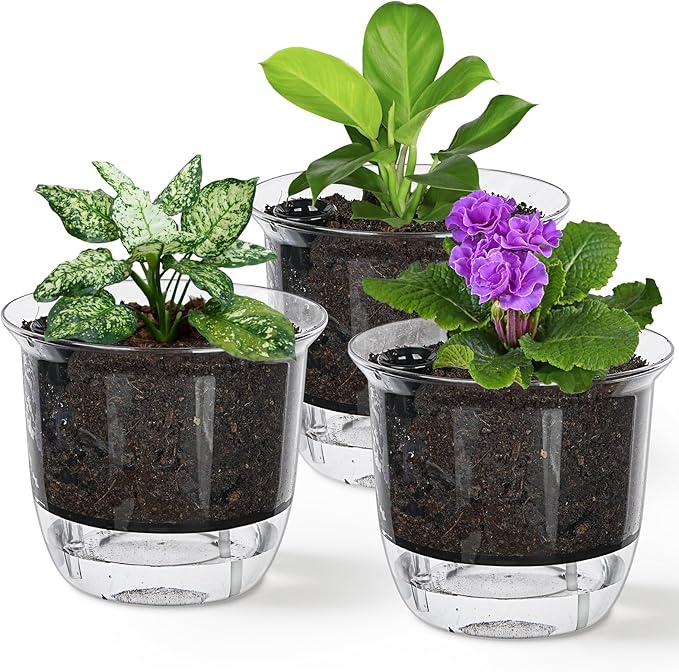 Self Watering Pots, 3 Pack 5 Inch Clear Plant Pot Self Watering Planter Flowers Pot with Deep Reservoir for Indoor Plants (3 Medium)