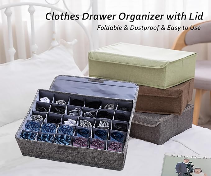 AARAINBOW Underwear Socks Ties Storage Organizer with Lids Foldable Closet Drawer Organizer 30 Cells, Fabric Wardrobe Divider Storage Box for Scarves and Lingerie (30 Cell, Gray)