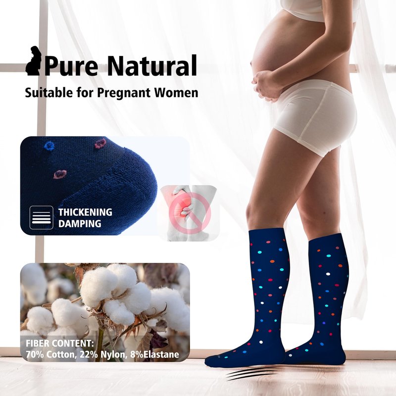 LEVSOX Cotton Compression Socks for Women&Men 20-30 mmHg Knee High Cute Fun Crazy Support Sock for Nurses, Travel and Flight, Pregnancy, 2 Pairs, Black and Navy Blue Polkadot