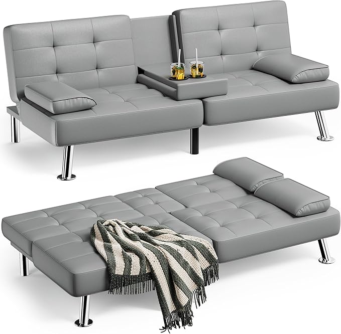 Homall Futon Sofa Bed, Leather Futon Couch with Removable Armrests, Adjustable Recliner Sleeper Sofa Bed with Dual Cup Holders for Living Room, Apartment, Office (Gray)