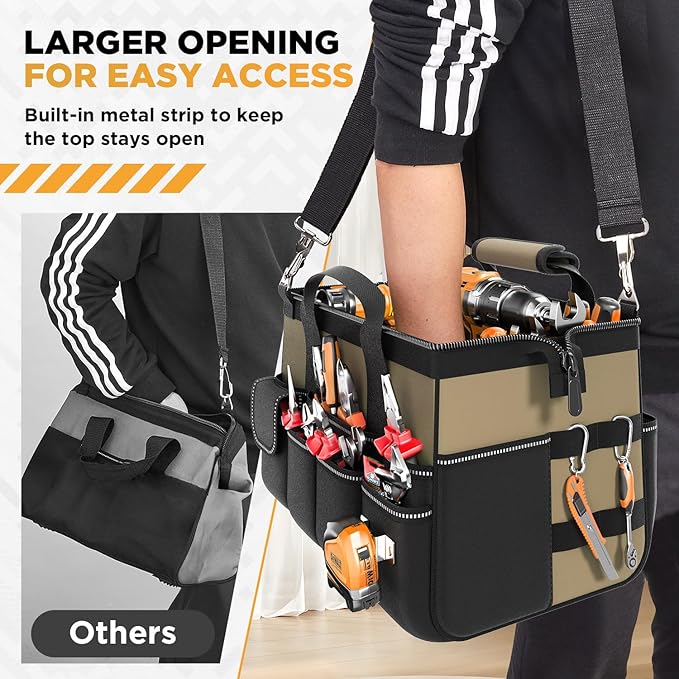Goovilla Tool Bag 15.5 Inch with 1 Pouch | 17-Pocket Portable Tool Box Organizer Storage with Adjustable Strap, Soft Handle and Durable Zipper | Heavy Duty Tool Bags for Men, Father’s Day (Khaki)