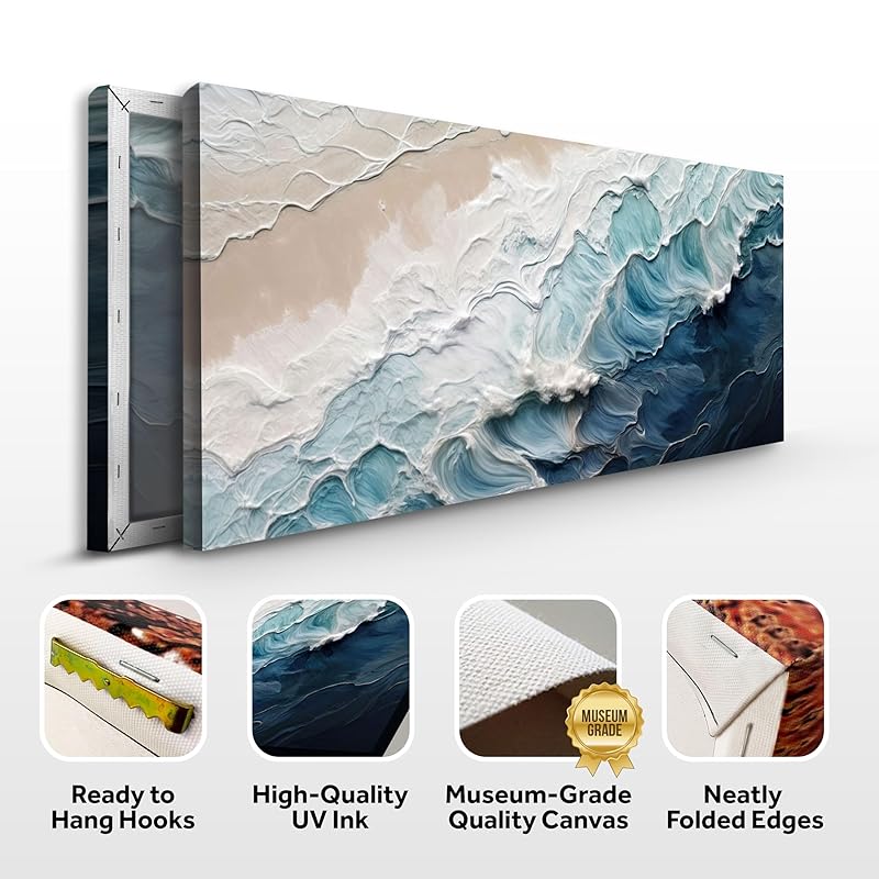 Tailored Canvases Crashing Coastal Waves Impasto Wall Art for Living Room, Abstract Seascape Canvas, Beach Paintings, Wave Artwork, Coastal Ocean Decor, Nautical Blue and White Accent Print 18x36