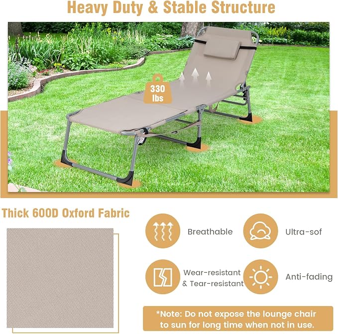 GYMAX Tanning Chair, 330LBS Beach Lounge Chair with Face Arm Hole & Hand Shoulder Strap, Folding Layout Sunbathing Chair, Face Down Outdoor Chaise Lounger for Patio, Poolside, Lawn, Backyard (2, Sand)