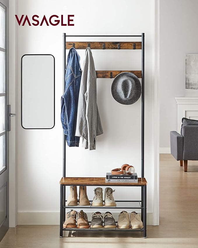 VASAGLE Coat Rack, Hall Tree with Shoe Storage Bench, Entryway Bench with Shoe Storage, 3-in-1, Steel Frame, for Entryway, 12.6 x 27.6 x 68.9 Inches, Industrial, Rustic Brown and Black UHSR41BX