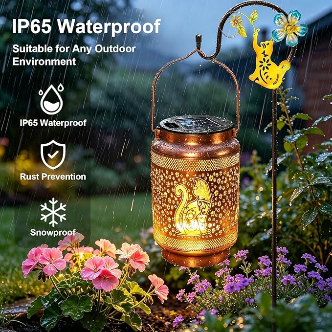 Cat Solar Lanterns Outdoor Waterproof Solar Garden Decor, Birthday Gifts for Mothers Day Women Mom Grandma, Metal Hanging Lights with Shepherd Hook for Outside Yard Patio Pathway Backyard Porch