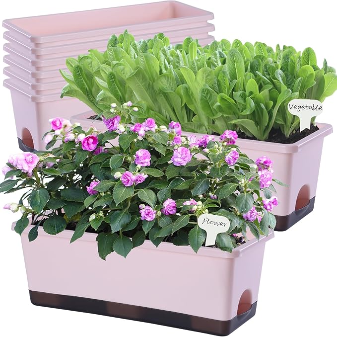 Oliz Window Box Planter 8 Pcs, 17 Inches Rectangle Flower Pots with Drainage Holes & Trays, Vegetable Planters for Windowsill Patio Garden Balcony Home Indoor Outdoor (Pink, 16 * 7 * 6 inch)