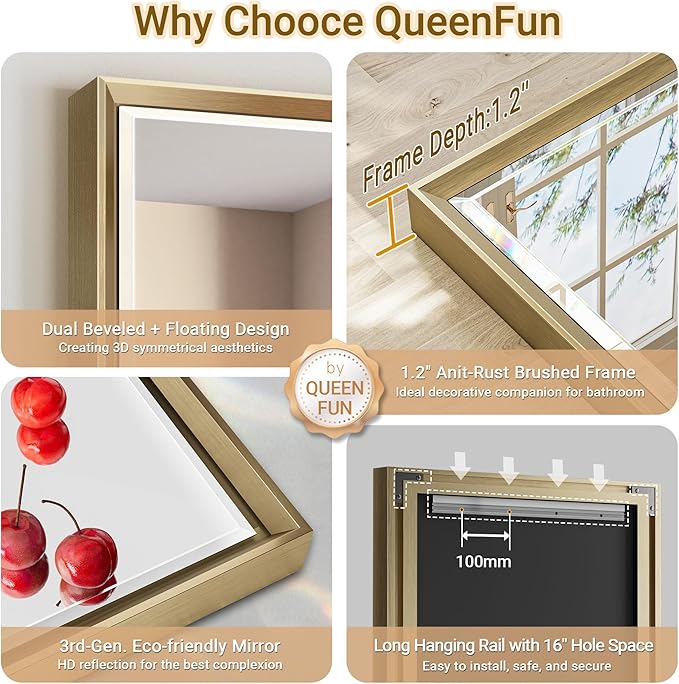 60 x 36 Gold Bathroom Mirror, Brushed Gold Beveled Bathroom Mirror,
