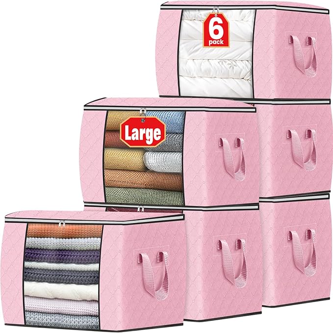 Fab totes 24 Gallons Clothes Storage, Foldable Thick Fabric Blanket Storage Bags, Containers for Organizing Bedroom, Closet, Clothing, Comforter, Organization with Handle (6 Pack,Pink)