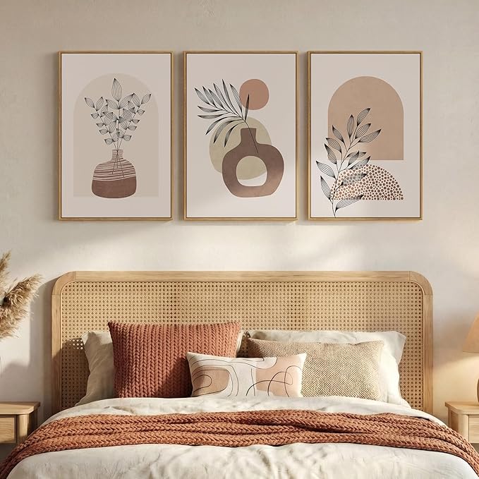Framed Neutral Boho Wall Art Bedroom, 3 Piece Abstract Bohemian Brown Botanical