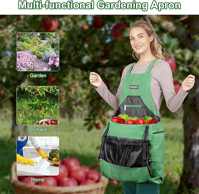 Garden Apron,Harvest Aprons with Drawstring Bag and Pockets for Women and Men,Canvas Fruit Picking Apron