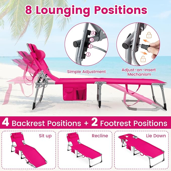 COSTWAY Tanning Chair with Face Hole, Folding Beach Lounge Chair | 4-Position Adjustable Backrest, Pillow & Side Pocket, Foldable Chaise Lounge Chair (1, Pink)