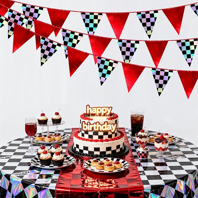 Racing Party Decorations Iridescent Checkered Red Pennant Banner Flag Hanging Paper Triangle Bunting for Kid Boy Men Race Fans Birthday Baby Shower Monster Truck Race Car Party Decorations Supplies