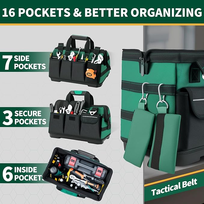 GRENPRO Heavy Duty Tool Bag 18Inch, 18-Pocket Molded Bottom Toolbox Organizer Portable Waterproof, Upgraded Handle Tool Bag for Mechanics, DIY, Valentines Day Gifts for Him Dad Men