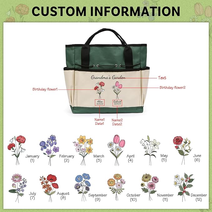 Personalized Garden Tools Set for Women: Custom Text Garden Tool Bag and Garden Shovel & Transplant Shovel & Hand Rake - Gardening Gifts for Mom Grandma Gardening Lover (2 Flowers)