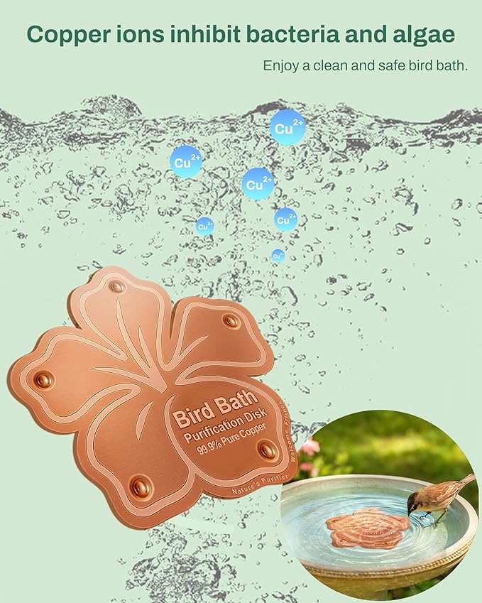 Bird Bath Purification Disk Pure Copper Outside Winter Solar Power Birdbath Water Backyard Winter Solar Power Hummingbird Cleaner Pedestal Fountain Bowl Metal Warmer Railing Accessories Gift