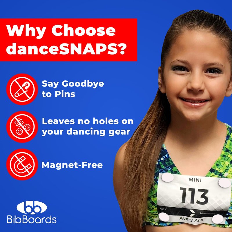 BibBoards danceSNAPS Bib Clips Safety Lock Fasteners for Dancers, Competitions, Rodeos - Secure Numbers Without Pins - Reusable, Non-Damaging, Gentle on Fabric - White (4pcs)