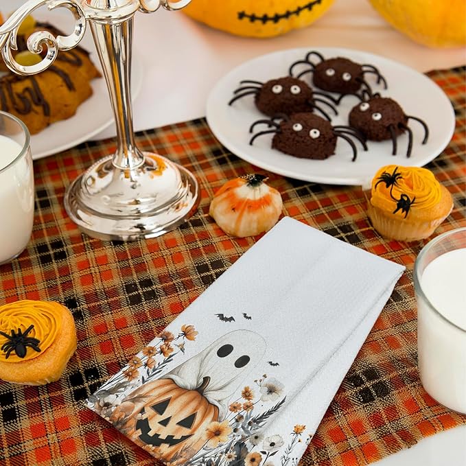 Halloween Ghost Pumpkin Kitchen Towels, Fall Floral Halloween Dish Tea Towels for Kitchen Decor, Rustic Autumn Wildflower Botanical Decorative Hand Towel for Bathroom, 16x24 Inches