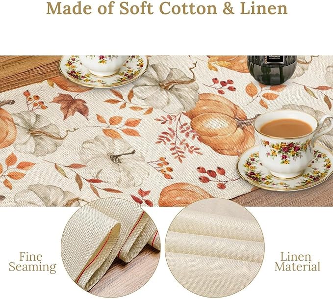 Pumpkin Table Runner Fall Orange White Colorful Leaves Berries Thanksgiving Watercolor Illustration Rustic Decor for Farmhouse Indoor Outdoor Party Holiday Dining Kitchen Restaurant Cafe W13xL120in