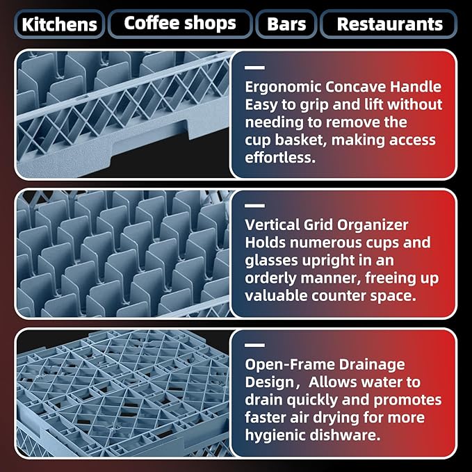 Commercial Cup Rack 3 Packs 25 Compartment Base with 2 Extenders | Polypropylene Dish Drying Rack | Quitly Clean Divided Durable Dishwasher Rack for Restaurants Bar Hotel Canteen Kitchen