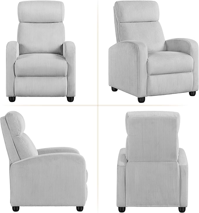 Yaheetech Corduroy Recliner Chair Single Sofa Home Theater Seating Adjustable Modern Reclining Chair for Living Room Bedroom Home Theater Light Gray