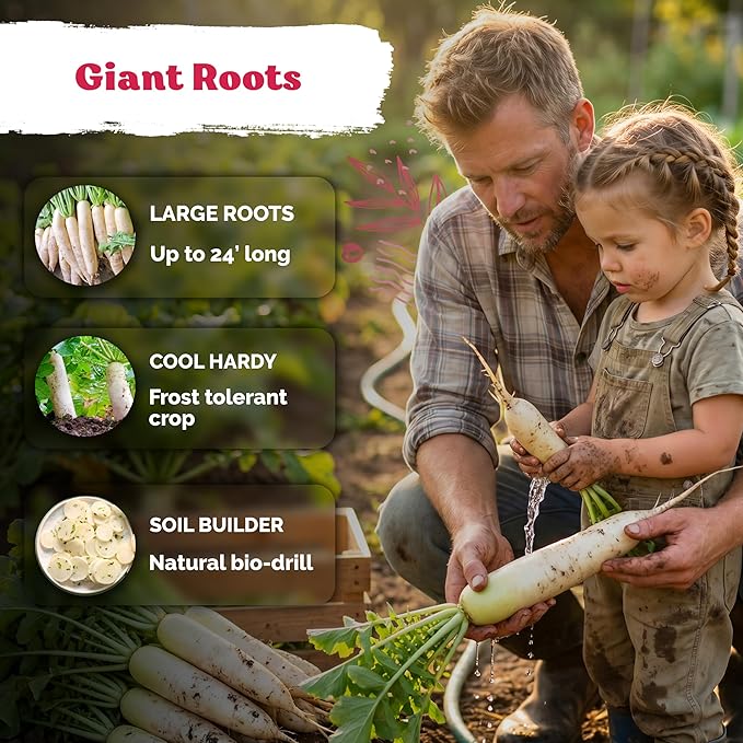KVITER 550 Daikon Minowase Radish Seeds (Raphanus Sativus) - Japanese White Daikon, Mild Flavor, Easy Growing, Non-GMO Seed Packets - Heirloom Vegetable Seeds for Home Garden, Outdoor Beds
