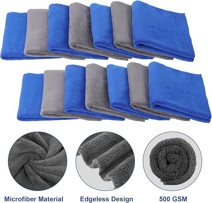 Shimeyao 30 Pcs 16 x 16 Inch Edgeless Microfiber Plush Towels for Cars Detailing Drying Wash Polishing Absorbent Cleaning Cloths, 500 GSM(Blue, Gray)