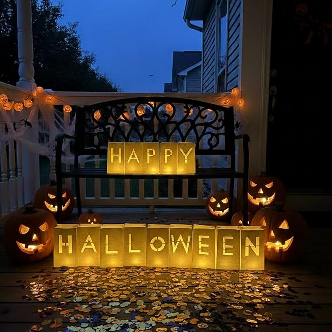 Happy Halloween Light Up Letters Luminary Bags with spooky Confetti & 30 Tea Lights Candles - Ideal Halloween Decorations Indoor & Outdoor For Parties, Entertainment, Gift & Festivals
