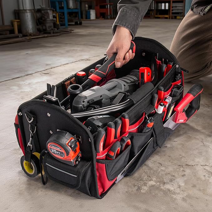 HAUTMEC 18.5" Heavy-Duty Tool Tote, 1680D Open Top Tool Bag with 39-Pockets, Rotating Steel Handle, Padded Shoulder Strap & Water-Resistant Base - HT0178