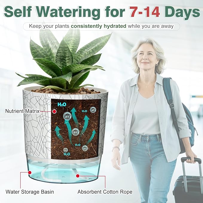 6 Pack Self Watering Pots for Indoor Plants, 4+5.5+6.3 Inch Self Watering Plant Pots Set, Flower Pots with Wick Rope and Reservoir for African Violet, Spider Plant, Orchid - Crack Texture