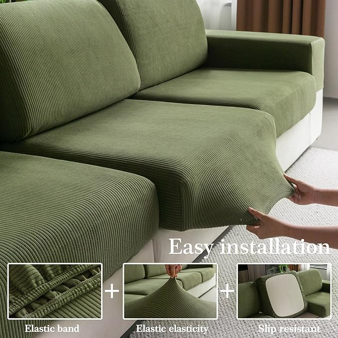 OHSIO Sectional Couch Covers, Wear Resistant Stretch Sofa Covers Washable Soft Couch Cushion Covers Anti Slip Furniture Protector Sofa Slipcovers for Pets(3 Pieces 2 Seaters+1 Chaise, Green)
