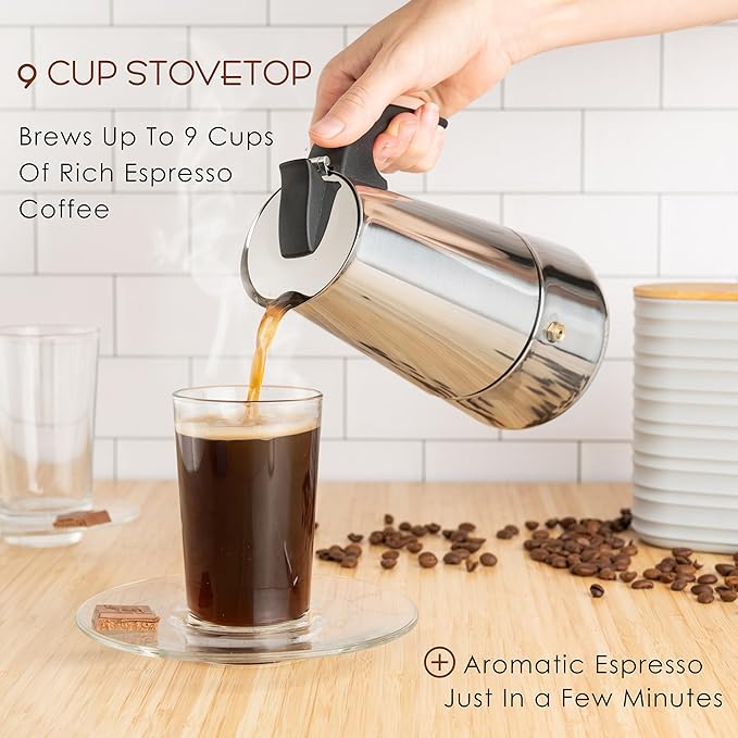Mixpresso 9 Cup Greca Stovetop Espresso Pot 450ml/15oz, Moka Pot with Coffee Percolator Design, Stainless Steel Stove Top Coffee Maker for Camping or Home Use,Italian Stovetop Espresso Maker