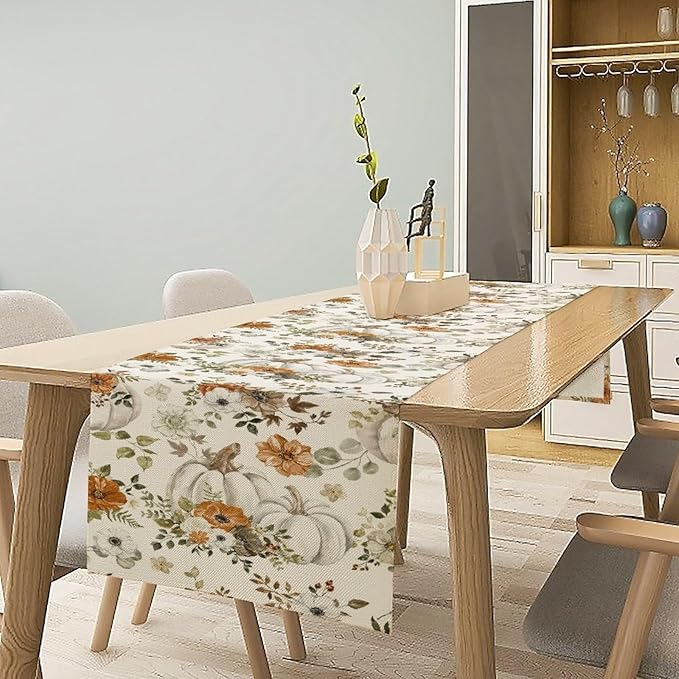 Fall Pumpkin Table Runner Rustic Floral Watercolor Plants White Vegetables Flowers Pastoral Theme Home Decor for Farmhouse Indoor Outdoor Party Holiday Dining Kitchen Restaurant Cafe W13xL36in