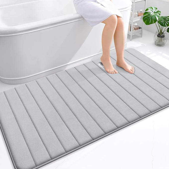 OLANLY Memory Foam Bath Mat 59x35, Super Soft Absorbent Bathroom Rugs, Quick Dry, Machine Washable Shower Floor Rugs, Bathmat Carpet, Bathroom Home Decor Accessories, Light Gray