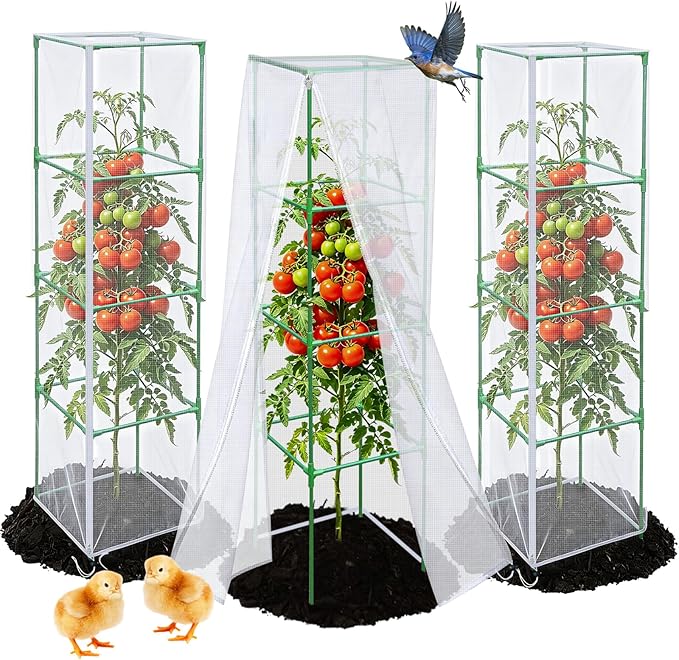 3 Pack Bird Netting Plant Cover for Tomato Cage with Zipper Drawstring, 57"x17.7" Mesh Covers for Garden Plants, Insect Small Animal Barrier Protection Net for Blueberry Bush Shrubs Fruits (No Cage)