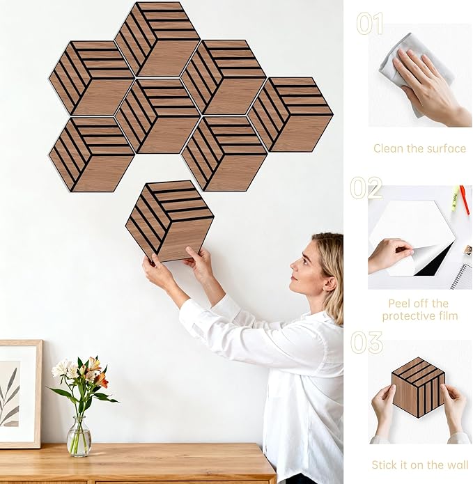 Mollywell Acoustic Panels, PVC Wood-Grain, 14x12 Inch Hexagon Carved Sound