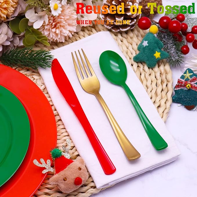 153 Pcs Christmas Plastic Silverware Heavy Duty Disposable Tableware Sets Includes Spoons Forks Knives for Christmas Party Supplies (Red Green Gold)